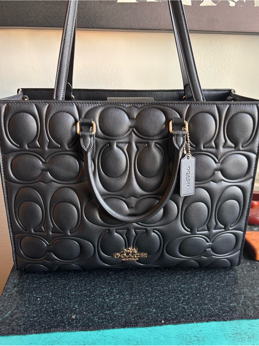 Coach Black Leather Maggie Quilted C Logo Tote Handbag Computer Bag